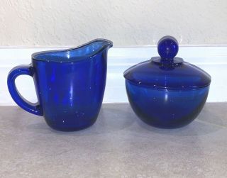 Vintage Anchor Hocking Cobalt Blue Glass Sugar Bowl With Lid & Creamer Set,