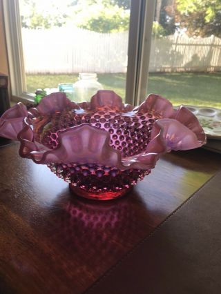 Vintage Fenton Opalescent Cranberry Hobnail Glass 9.  5 " Double Ruffled Bowl