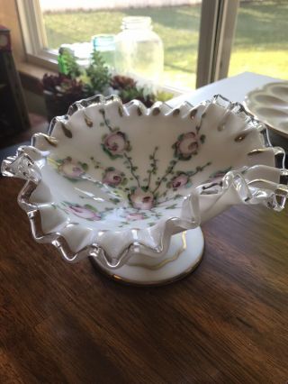 Fenton Silvercrest Ruffled Hand Painted Roses Stemmed Candy Dish Vintage
