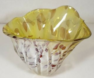 Studio Hand Crafted Art Glass Dish Bowl Yellow White Red