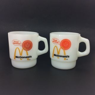 Vtg Set Of 2 Mcdonalds Good Morning Anchor Hocking Fire King Coffee Mugs Cups