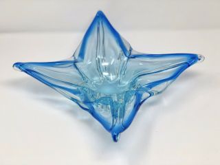 Vintage Brilliant Blue Blown Art Glass Star Shaped Blue Clear Candy Dish Bowl