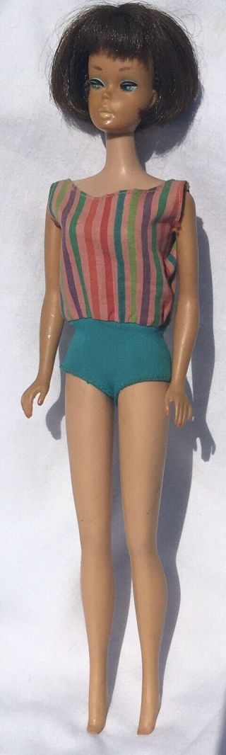 1966 Vintage Barbie Doll American Girl 1070 Bend Leg Brunette,  Swimsuit Stand