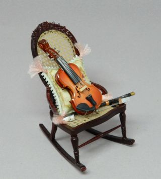 Vintage Caned Rocking Chair W Violin & Pillow Artisan Dollhouse Miniature 1:12
