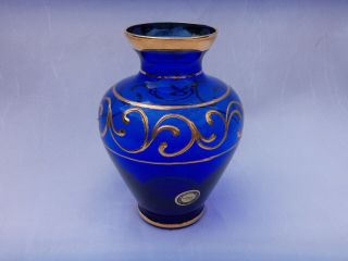 Vintage Morano Cobalt Blue Glass Vase With 24k Gold Still With Label