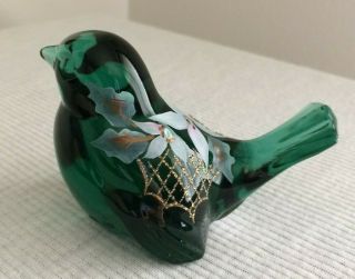 Spruce Green Artist Signed Hand Painted Fenton Bird With Flowers And Frit