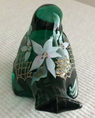 Spruce Green Artist Signed Hand Painted Fenton Bird With Flowers And Frit 2