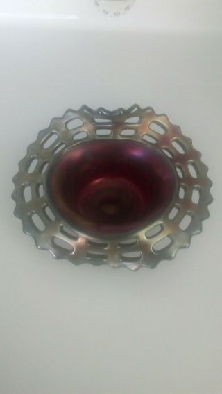Antique Fenton Iridescent Open Lace Basket Weave Carnival Glass Bowl