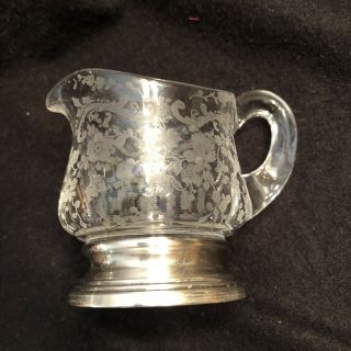 Vintage Cambridge Glass Chantilly Creamer Etched Glass Sterling Silver Base Euc