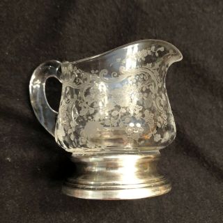 Vintage Cambridge Glass Chantilly Creamer Etched Glass Sterling Silver Base EUC 2