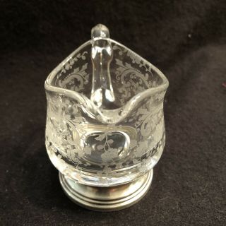 Vintage Cambridge Glass Chantilly Creamer Etched Glass Sterling Silver Base EUC 3