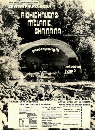 (29/4/1972) Concert Advert 15x12 " Crystal Palace Bowl,  Richie Havens,  Sha Na Na