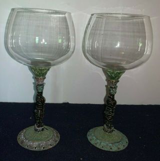Unique 8 1/2 " Crystal Goblets With Metal Cat Stems And Jeweled Bases