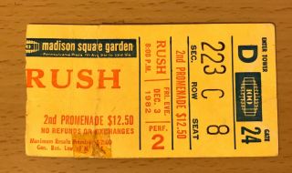 1982 Rush Signals Tour 12/3 Madison Square Garden York Concert Ticket Stub
