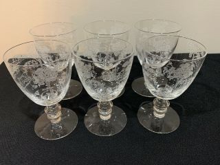 Set Of Six Fostoria Plymouth Etched Footed Claret Wine Glasses