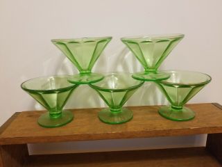 Set Of 5 Green Depression Glass Sherbert Dishes Optic Block