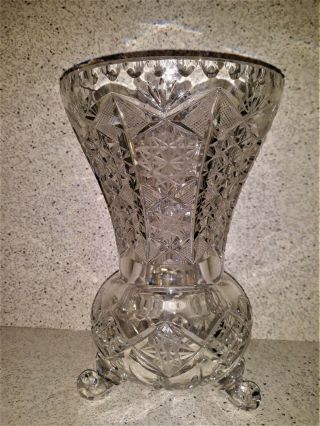 Vintage Clear Heavy Lead Crystal Glass Vase Hand Cut Hobstar Curled Footed 8.  5 "