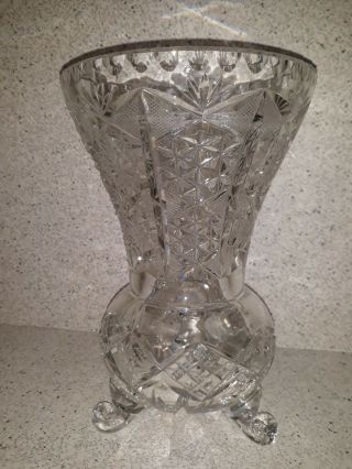 Vintage Clear Heavy Lead Crystal Glass Vase Hand Cut Hobstar Curled Footed 8.  5 