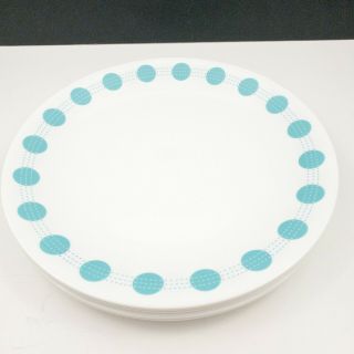 Set Of 4 Corelle South Beach Dinner Plates 10.  25 " Aqua Blue Teal Dots Vitrelle