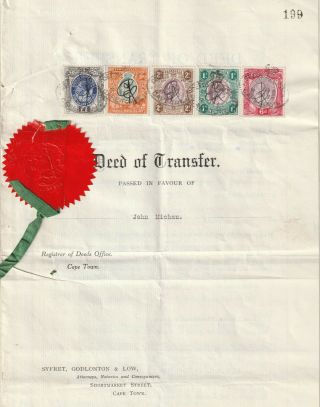 1914 South Africa Deed Of Transfer With Inter - Provincial Fine Revenues.