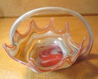 Vintage Hand Blown Art Glass Basket Handle Clam Orange Blue Gray