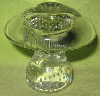 Vintage Clear Art Glass Mushroom Controlled Bubbles Paperweight 3 " Euc