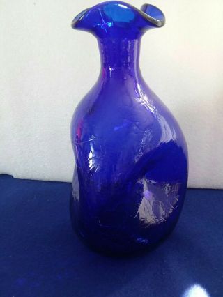 Blenko Cobalt Blue Crackled Glass Vase/bottle Pinched With Scallop Rim