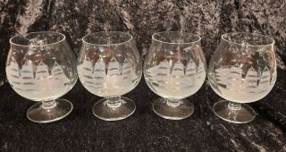 4 Toscany Brandy / Cognac Crystal Snifter Glasses Etched Nautical Clipper Ship
