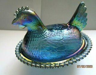 Vintage Iridescent Blue Carnival Glass Hen On Nest Candy Dish With Lid.