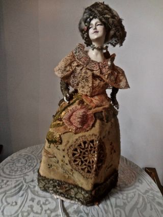 Exquisite Large Half Doll Lamp Dressed In Multiple Precious Antique Textiles