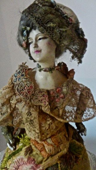 Exquisite Large Half Doll Lamp Dressed In Multiple Precious Antique Textiles 2
