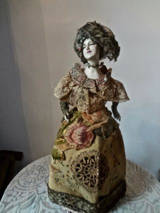 Exquisite Large Half Doll Lamp Dressed In Multiple Precious Antique Textiles 3
