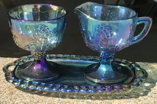 Indiana Glass Blue Iridescent Carnival Glass 3 Pc Creamer Sugar Tray