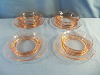 Set Of 4 Us Glass Pink Depression Bowls W/ Attached Underplates 6 1/2 " Wide
