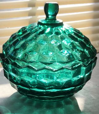 Vintage 1960s - 1980s Indiana Glass Teal Blue Green Whitehall Covered Candy Dish
