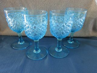 4 Vintage Lg Wright Daisy & Button Blue Glass Plain Stem 6 1/4” Water Goblets