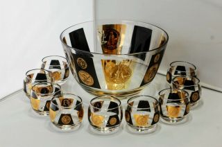 Vintage Cera Black & Gold Coin Bowl & Roly Poly Glasses Set
