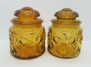 Vintage Le Smith Moon And Stars Amber Tea Canisters Set 2 Jars With Lids