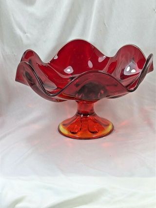 Vintage Viking Mcm Large Ruby Red Footed Blown Art Glass Stretch Ruffled Bowl
