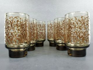 Set Of 6 Vintage Libbey Prado 12 Oz Glass Tumblers Tawny Brown Raised Scroll Euc
