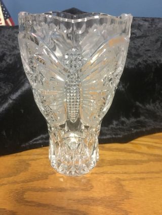 Vintage Cut And Etched Crystal Vase Fancy Rim Butterfly