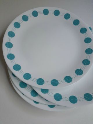 Set Of 4 Vintage Corelle Polka Dot Turquoise 10 " Dinner Plates