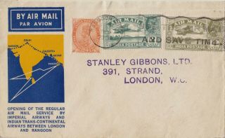 India : Imperial Airways First Regular Air Mail Cover,  Rangoon To London (1933)