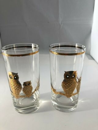Culver 22k Gold Owls Drinking Glasses Set Of 2 High Ball Signed Vintage