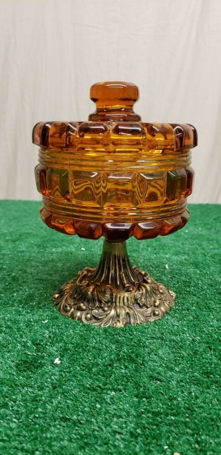 Vintage Amber Glass Candy Dish W/lid On Pedestal 8 " Tall (bfeb - 09 - 079)
