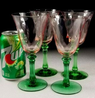 4 With Rim Chips Tiffin " Watermelon " Pink & Green Water Or Wine Stem Glasses