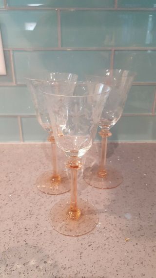 3 Pink Elegant Glass Etched Wine Stems 8 " Water Goblets Leaves Flowers