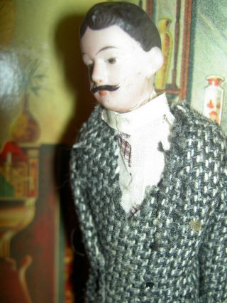 Handsome 6 1/2 " German Antique Bisque Head Male Dollhouse Doll W/mustache & Suit