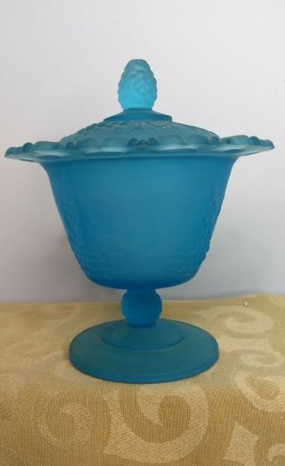 Vintage Fenton Blue Frosted Glass Serving Dish Candy Bowl With Lid 6x5.  5