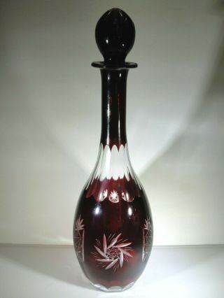 Vintage Bohemian Ruby Red Cut To Clear Decanter.  Grape Design.  15 3/4 "